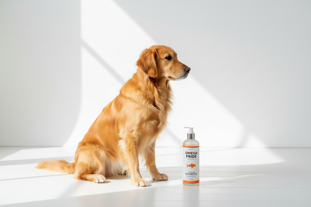 Aceite de Salmón Premium AuraPet con Golden Retriever